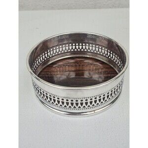 Vintage Sheffield Silverplate Wine Bottle Coaster Formica Wood Base Pierced USA